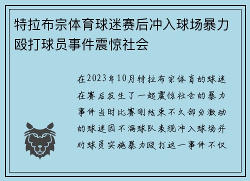 特拉布宗体育球迷赛后冲入球场暴力殴打球员事件震惊社会